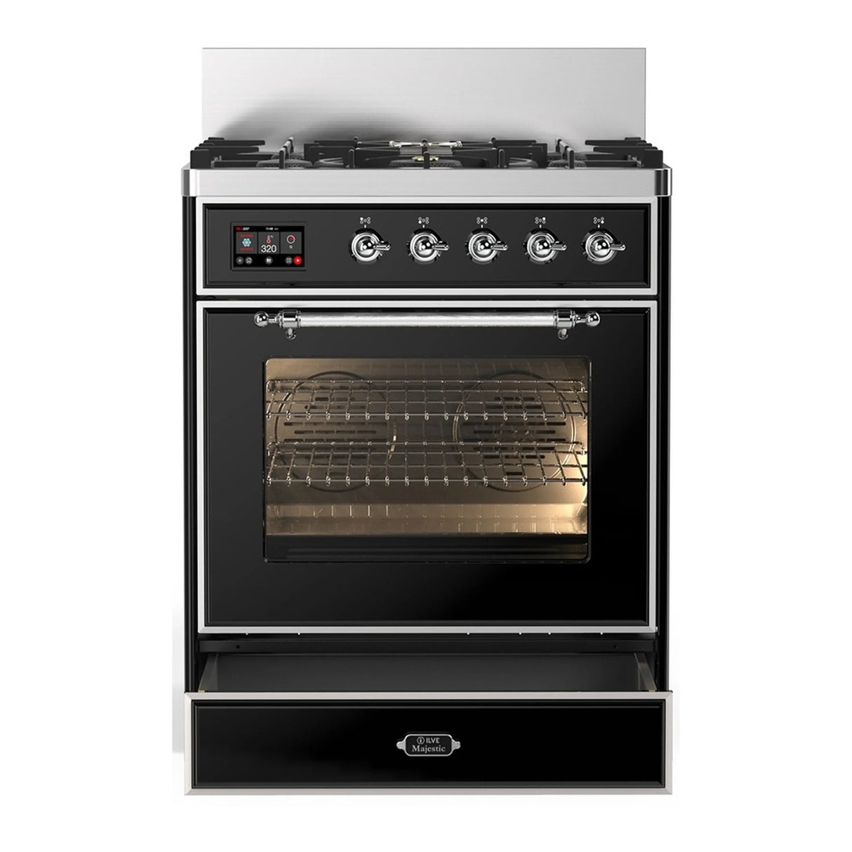 ILVE Majestic III 30-inch Dual Fuel Range with 5 Natural Gas Burner and Triple Glass Door Electric Oven in Glossy Black with Chrome Trim (UM30NR3BKC)