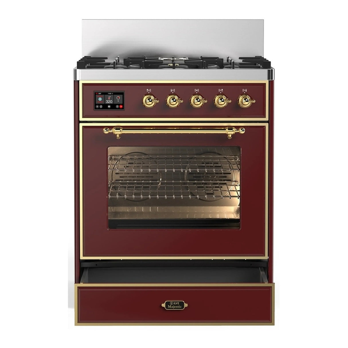 ILVE Majestic III 30-inch Dual Fuel Range with 5 Natural Gas Burner and Triple Glass Door Electric Oven in Burgundy with Brass Trim (UM30NR3BUG)