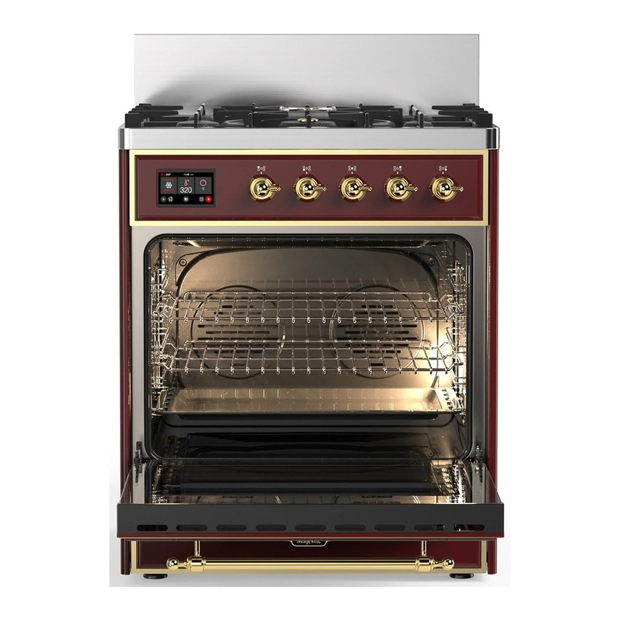 ILVE Majestic III 30-inch Dual Fuel Range with 5 Natural Gas Burner and Triple Glass Door Electric Oven in Burgundy with Brass Trim (UM30NR3BUG)