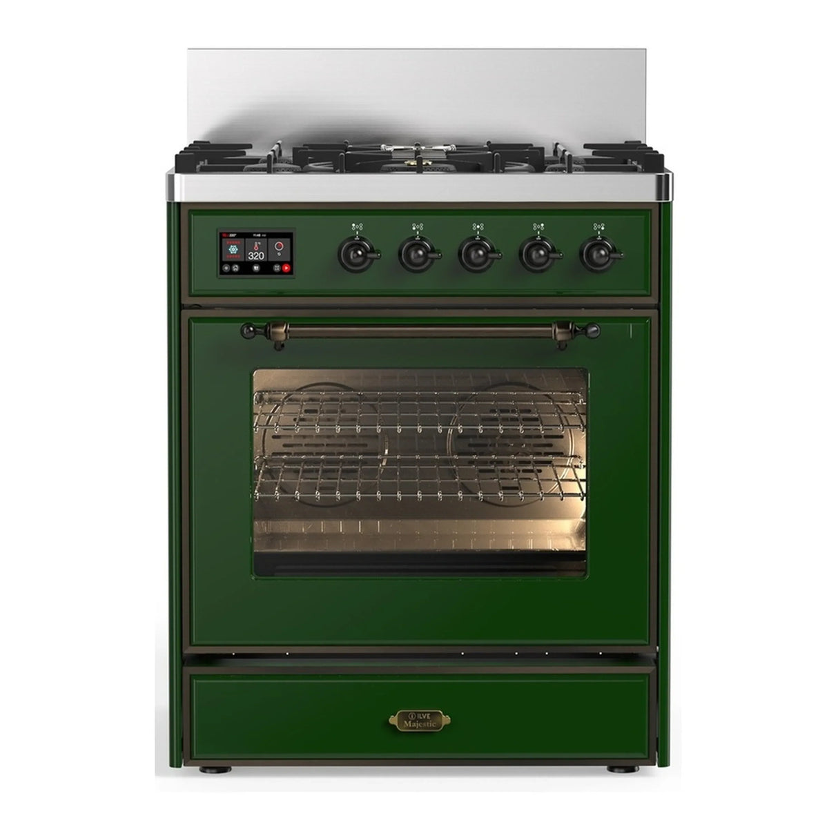 ILVE Majestic III 30-inch Dual Fuel Range with 5 Natural Gas Burner and Triple Glass Door Electric Oven in Emerald Green with Burnished Trim (UM30NR3EGB)