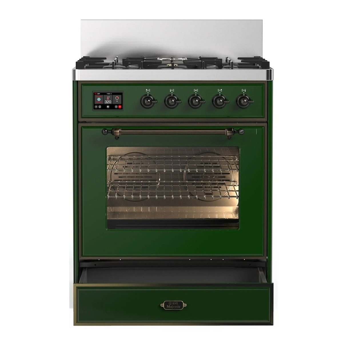 ILVE Majestic III 30-inch Dual Fuel Range with 5 Liquid Propane Burner and Triple Glass Door Electric Oven in Emerald Green with Burnished Trim (UM30NR3EGBLP)