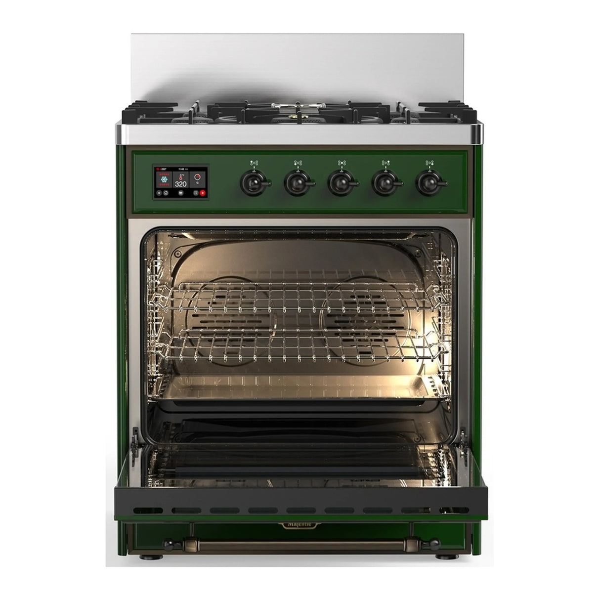 ILVE Majestic III 30-inch Dual Fuel Range with 5 Liquid Propane Burner and Triple Glass Door Electric Oven in Emerald Green with Burnished Trim (UM30NR3EGBLP)