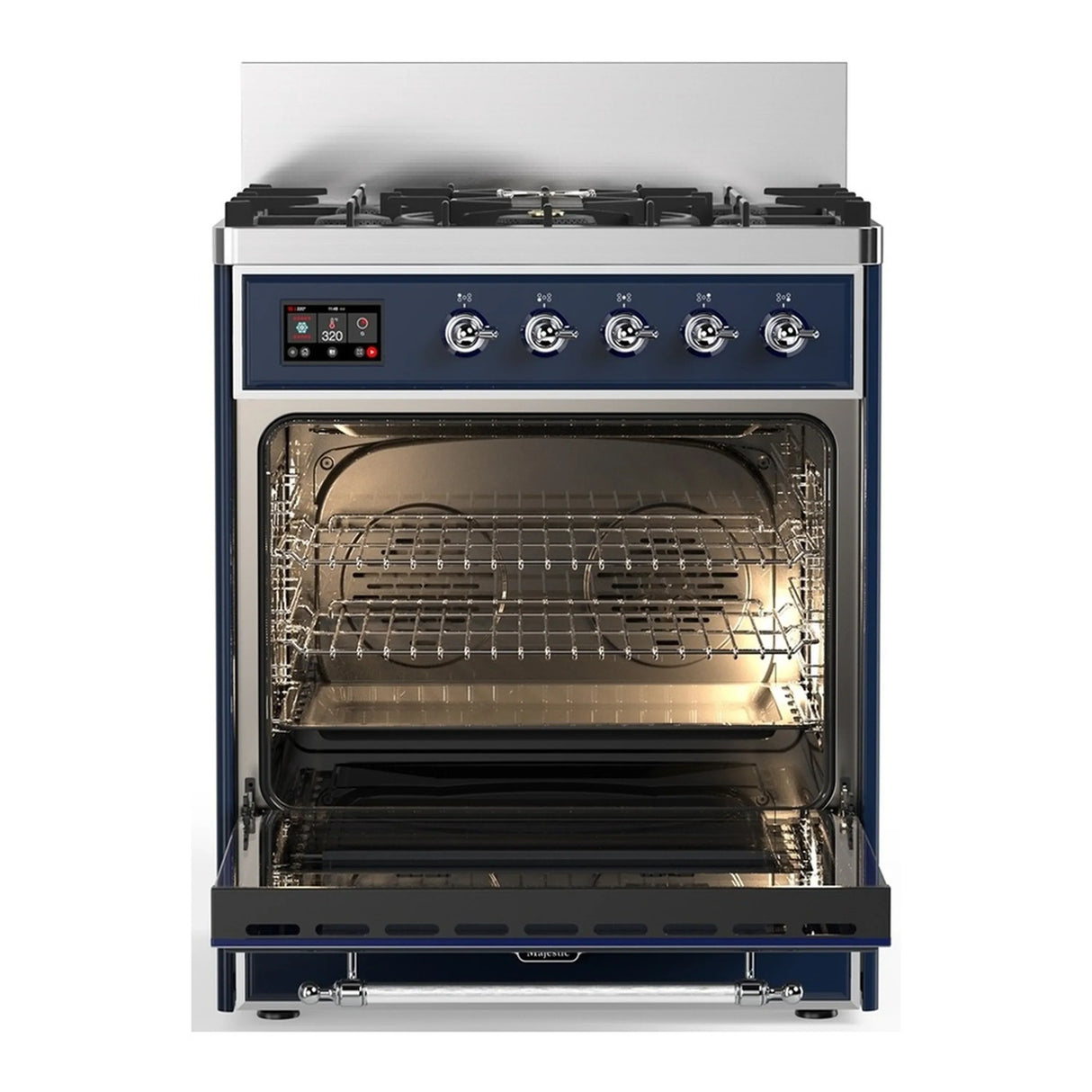 ILVE Majestic III 30-inch Dual Fuel Range with 5 Natural Gas Burner and Triple Glass Door Electric Oven in Midnight Blue with Chrome Trim (UM30NR3MBC)