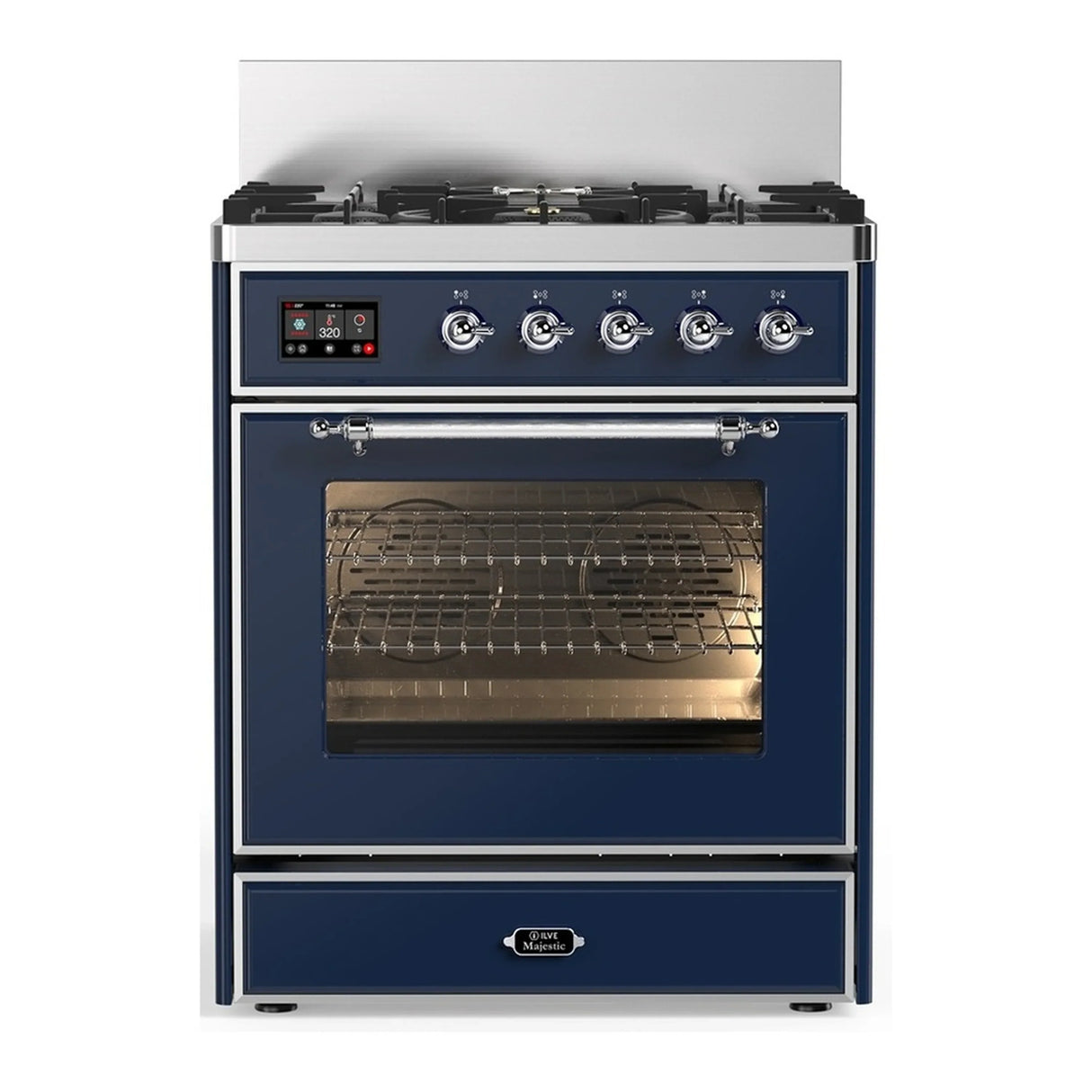 ILVE Majestic III 30-inch Dual Fuel Range with 5 Natural Gas Burner and Triple Glass Door Electric Oven in Midnight Blue with Chrome Trim (UM30NR3MBC)