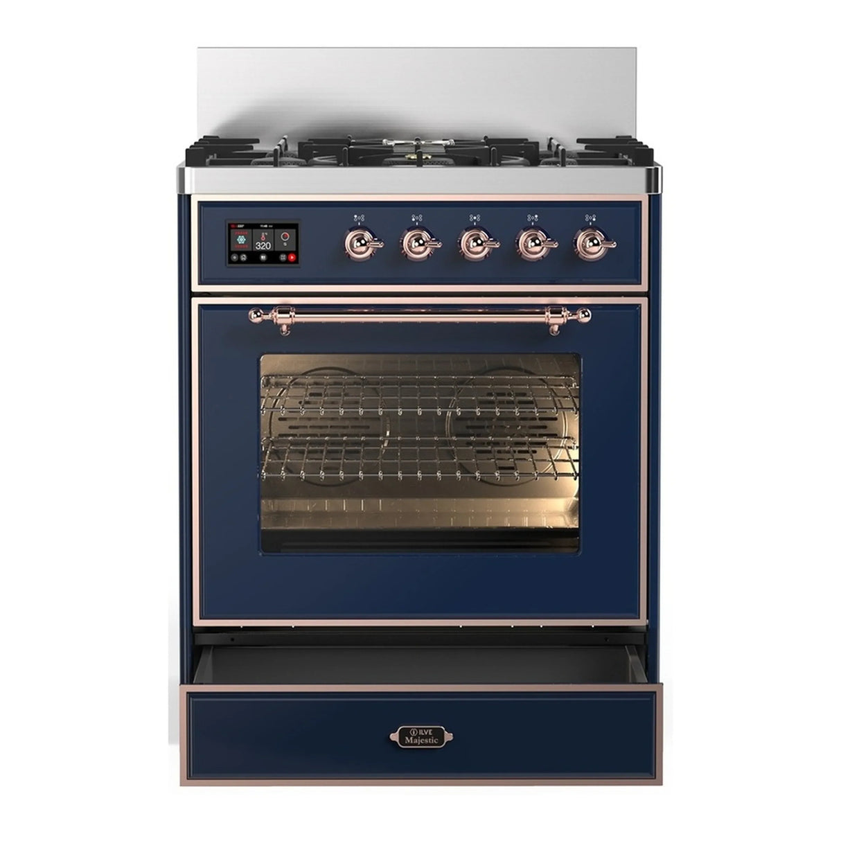 ILVE Majestic III 30-inch Dual Fuel Range with 5 Liquid Propane Burner and Triple Glass Door Electric Oven in Midnight Blue with Copper Trim (UM30NR3MBPLP)