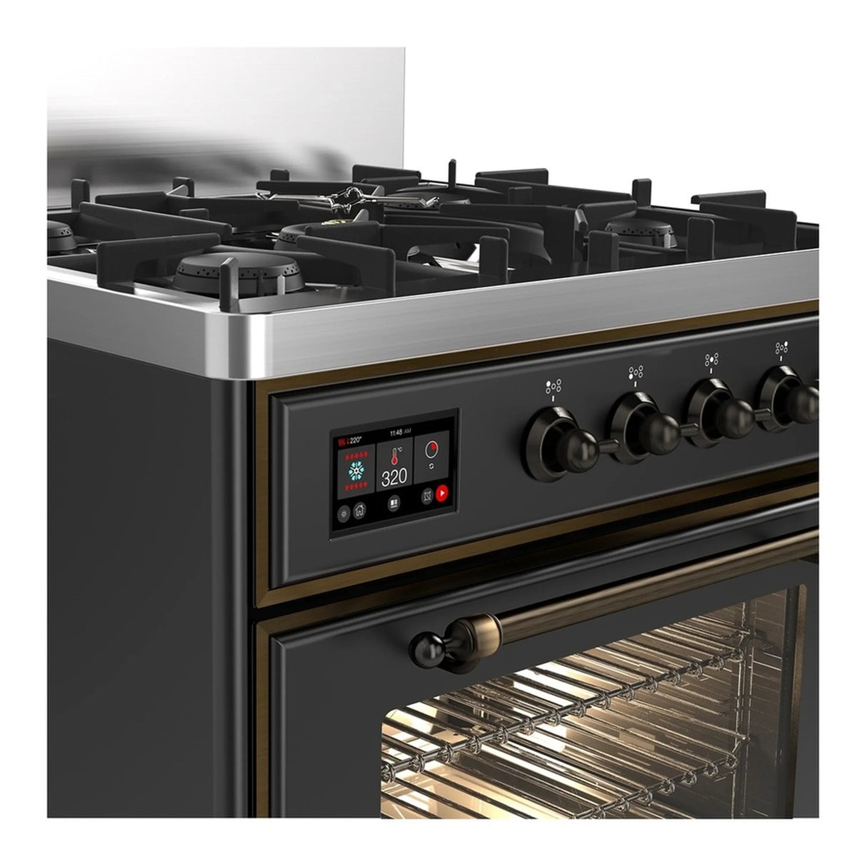 ILVE Majestic III 30-inch Dual Fuel Range with 5 Natural Gas Burner and Triple Glass Door Electric Oven in Graphite Matte with Burnished Trim (UM30NR3MGB)
