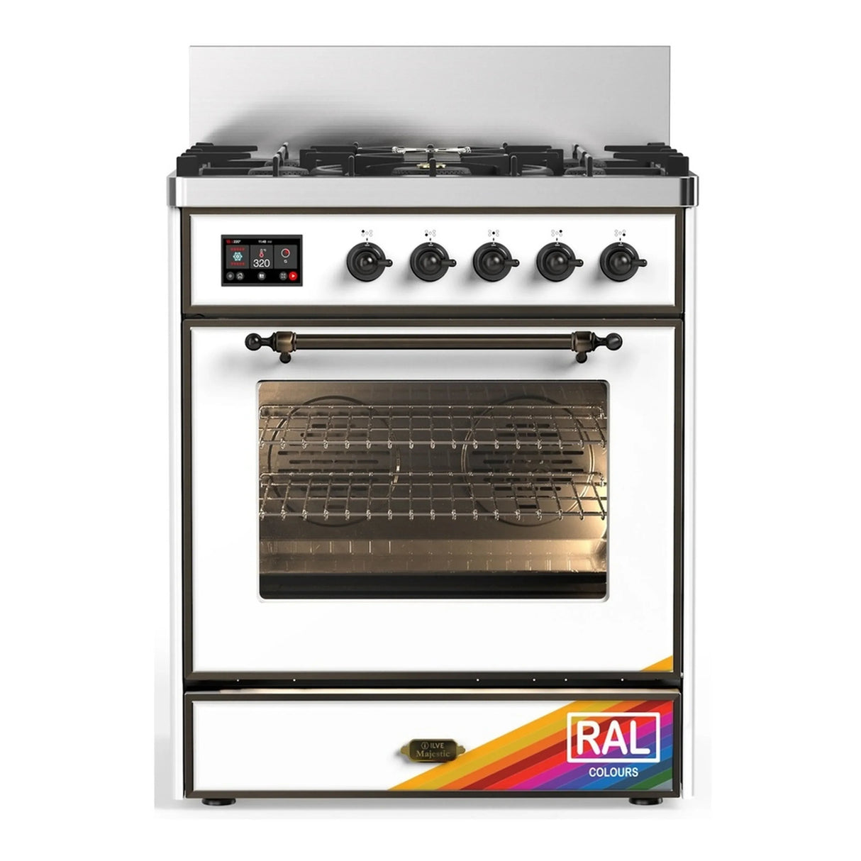 ILVE Majestic III 30-inch Dual Fuel Range with 5 Natural Gas Burner and Triple Glass Door Electric Oven in RAL with Burnished Trim (UM30NR3RAB)