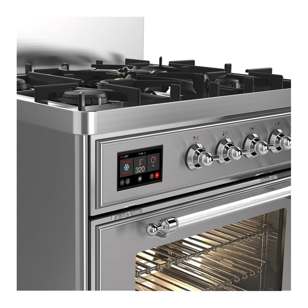 ILVE Majestic III 30-inch Dual Fuel Range with 5 Liquid Propane Burner and Triple Glass Door Electric Oven in Stainless Steel with Chrome Trim (UM30NR3SSCLP)
