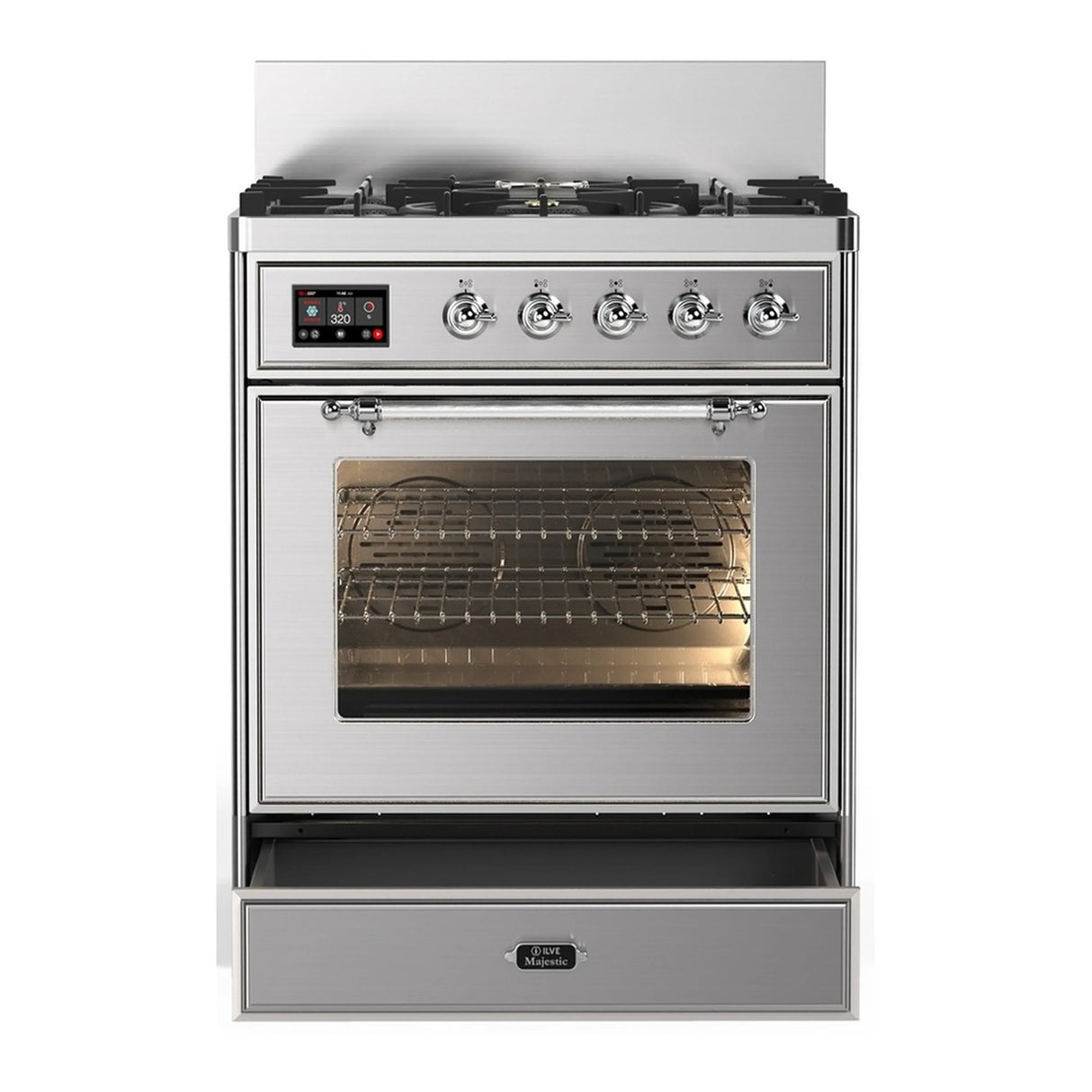 ILVE Majestic III 30-inch Dual Fuel Range with 5 Liquid Propane Burner and Triple Glass Door Electric Oven in Stainless Steel with Chrome Trim (UM30NR3SSCLP)