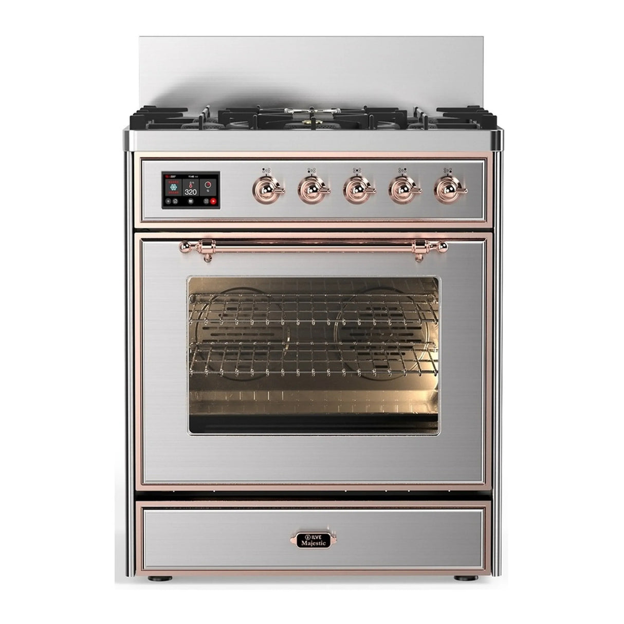 ILVE Majestic III 30-inch Dual Fuel Range with 5 Natural Gas Burner and Triple Glass Door Electric Oven in Stainless Steel with Copper Trim (UM30NR3SSP)