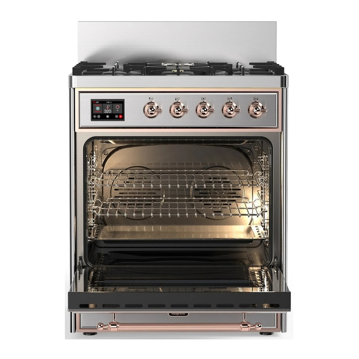 ILVE Majestic III 30-inch Dual Fuel Range with 5 Natural Gas Burner and Triple Glass Door Electric Oven in Stainless Steel with Copper Trim (UM30NR3SSP)