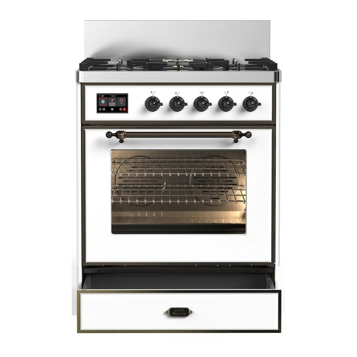 ILVE Majestic III 30-inch Dual Fuel Range with 5 Liquid Propane Burner and Triple Glass Door Electric Oven in White with Burnished Trim (UM30NR3WHBLP)