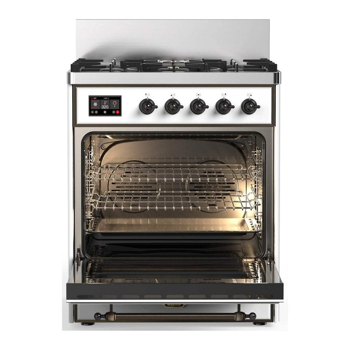 ILVE Majestic III 30-inch Dual Fuel Range with 5 Liquid Propane Burner and Triple Glass Door Electric Oven in White with Burnished Trim (UM30NR3WHBLP)