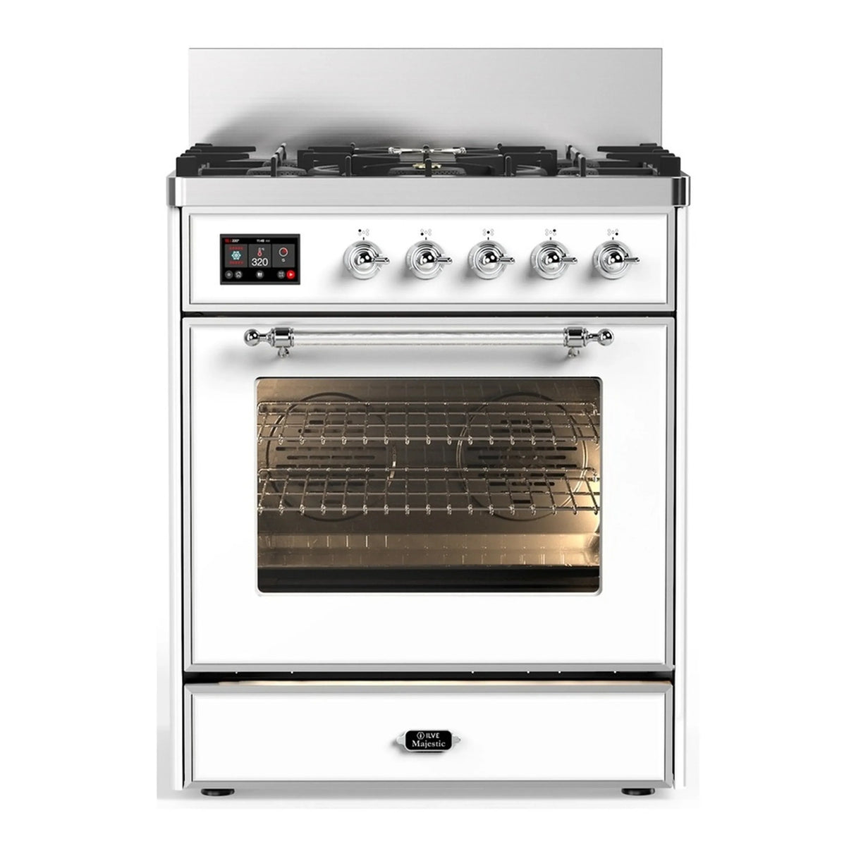 ILVE Majestic III 30-inch Dual Fuel Range with 5 Liquid Propane Burner and Triple Glass Door Electric Oven in White with Chrome Trim (UM30NR3WHCLP)