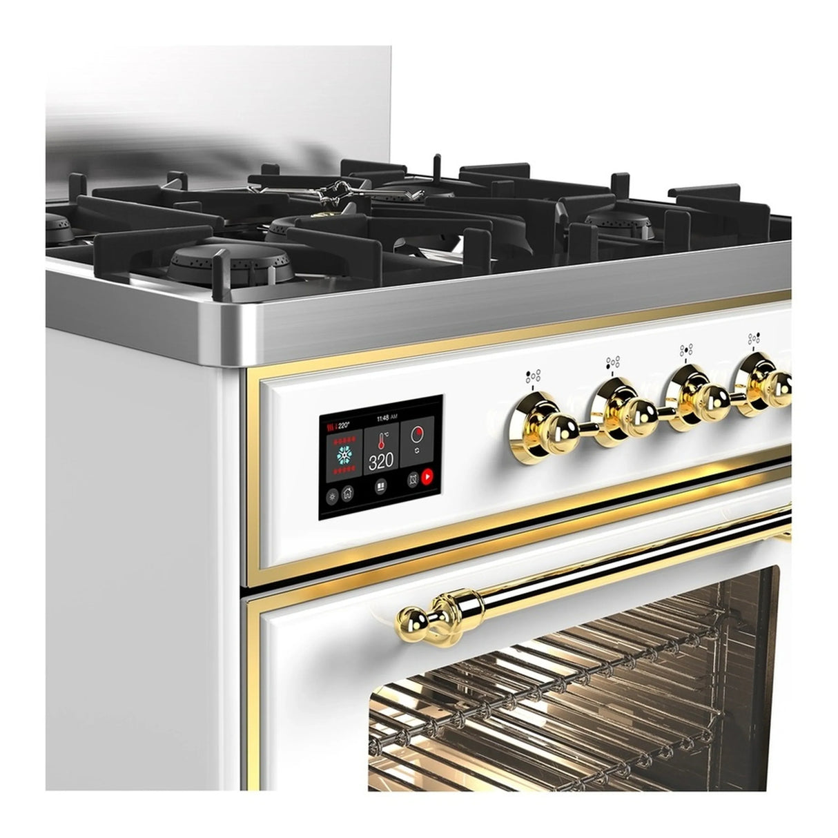 ILVE Majestic III 30-inch Dual Fuel Range with 5 Natural Gas Burner and Triple Glass Door Electric Oven in White with Brass Trim (UM30NR3WHG)