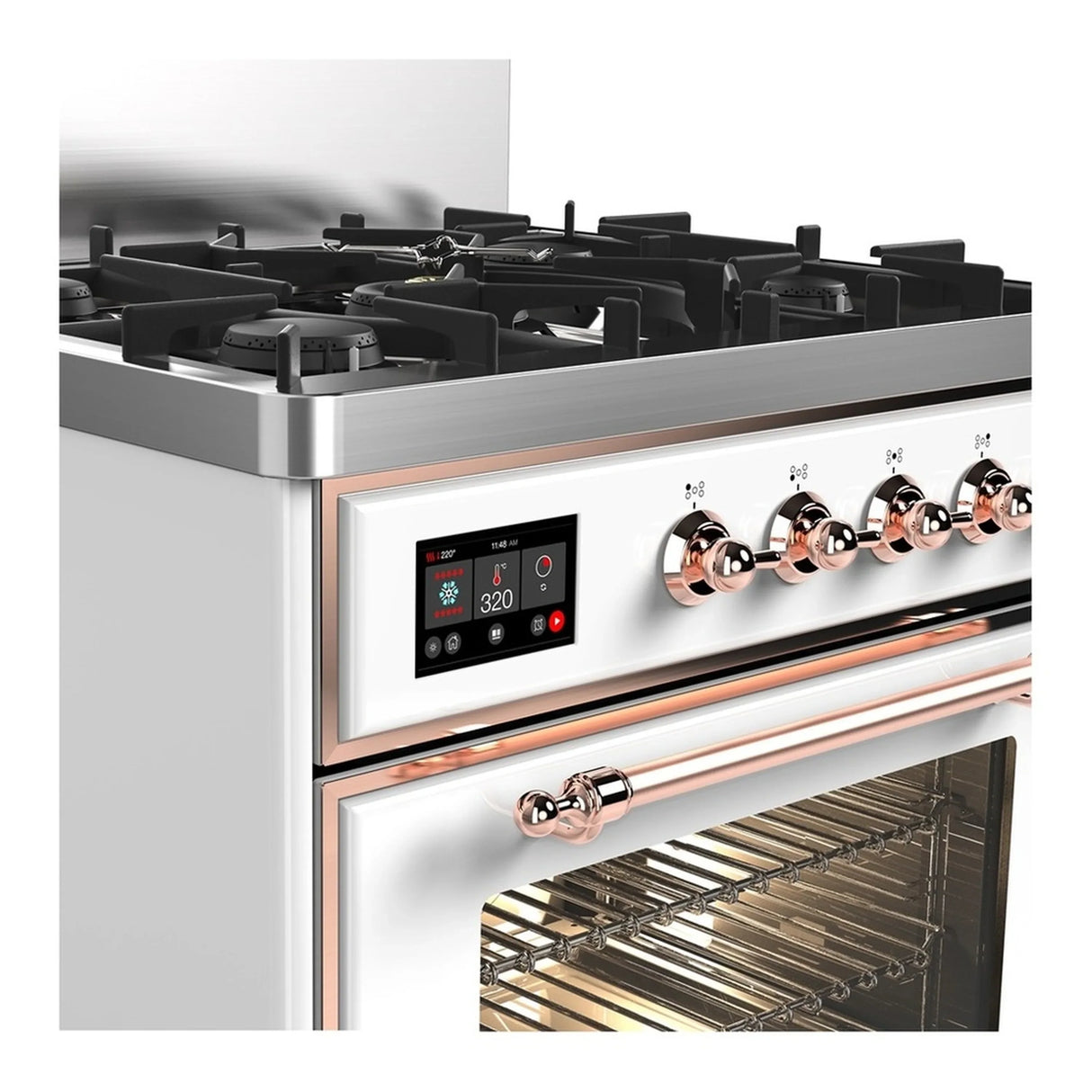 ILVE Majestic III 30-inch Dual Fuel Range with 5 Natural Gas Burner and Triple Glass Door Electric Oven in White with Copper Trim (UM30NR3WHP)