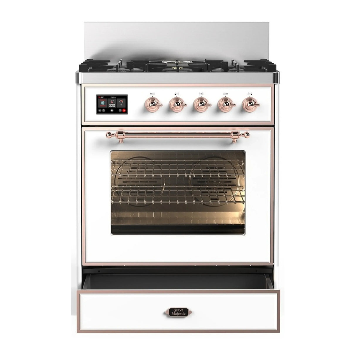 ILVE Majestic III 30-inch Dual Fuel Range with 5 Natural Gas Burner and Triple Glass Door Electric Oven in White with Copper Trim (UM30NR3WHP)