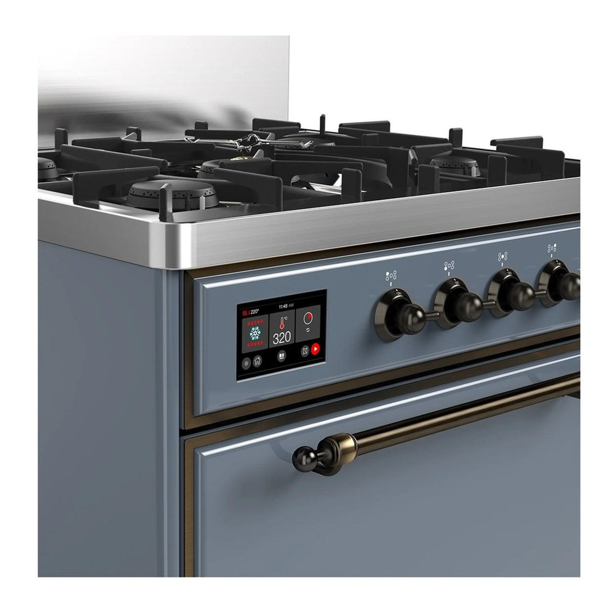ILVE Majestic III 30-inch Dual Fuel Range with 5 Natural Gas Burner and Solid Door Electric Oven in Blue Grey with Burnished Trim (UM30QNR3BGB)