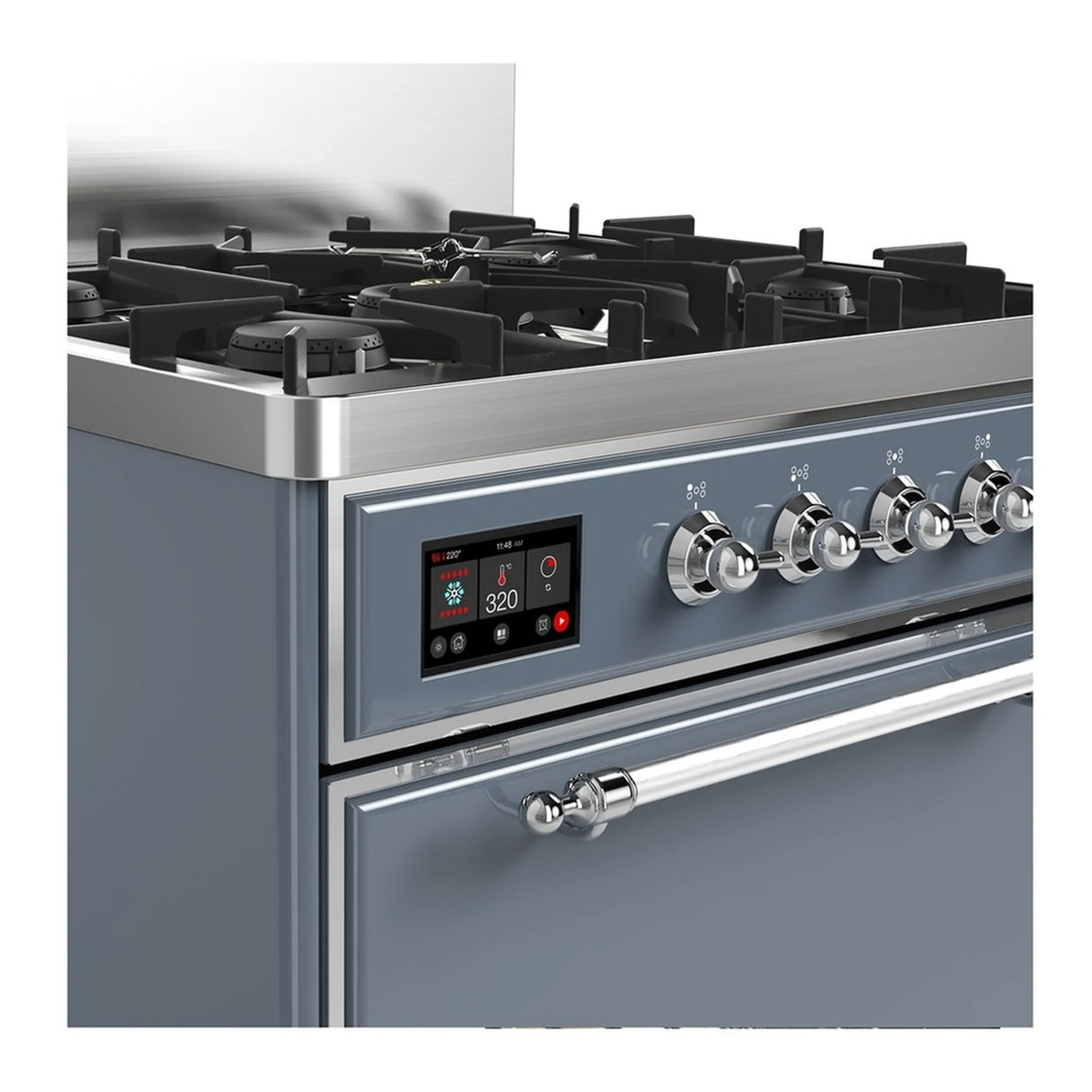 ILVE Majestic III 30-inch Dual Fuel Range with 5 Liquid Propane Burner and Solid Door Electric Oven in Blue Grey with Chrome Trim (UM30QNR3BGCLP)
