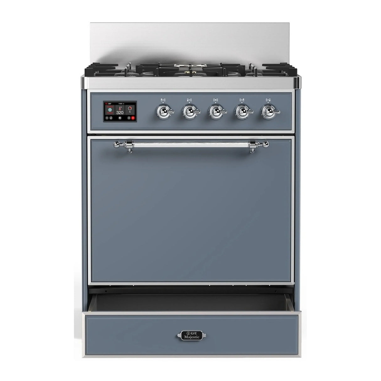 ILVE Majestic III 30-inch Dual Fuel Range with 5 Natural Gas Burner and Solid Door Electric Oven in Blue Grey with Chrome Trim (UM30QNR3BGC)