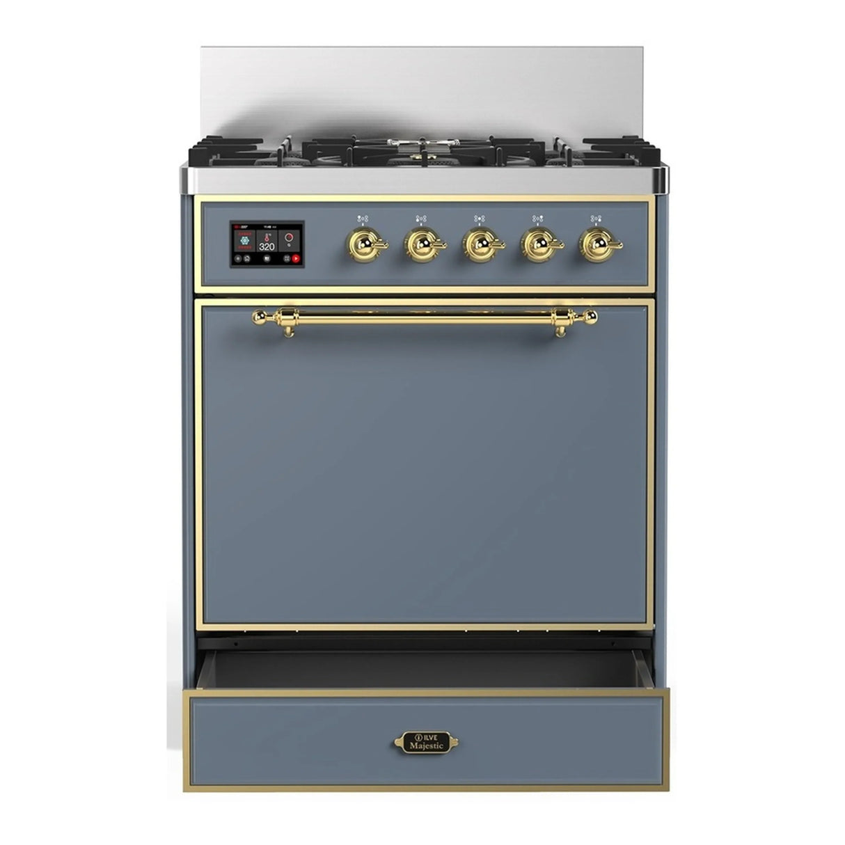 ILVE Majestic III 30-inch Dual Fuel Range with 5 Liquid Propane Burner and Solid Door Electric Oven in Blue Grey with Brass Trim (UM30QNR3BGGLP)