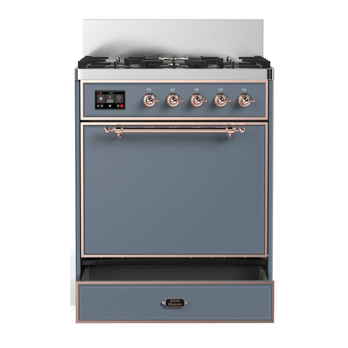 ILVE Majestic III 30-inch Dual Fuel Range with 5 Natural Gas Burner and Solid Door Electric Oven in Blue Grey with Copper Trim (UM30QNR3BGP)