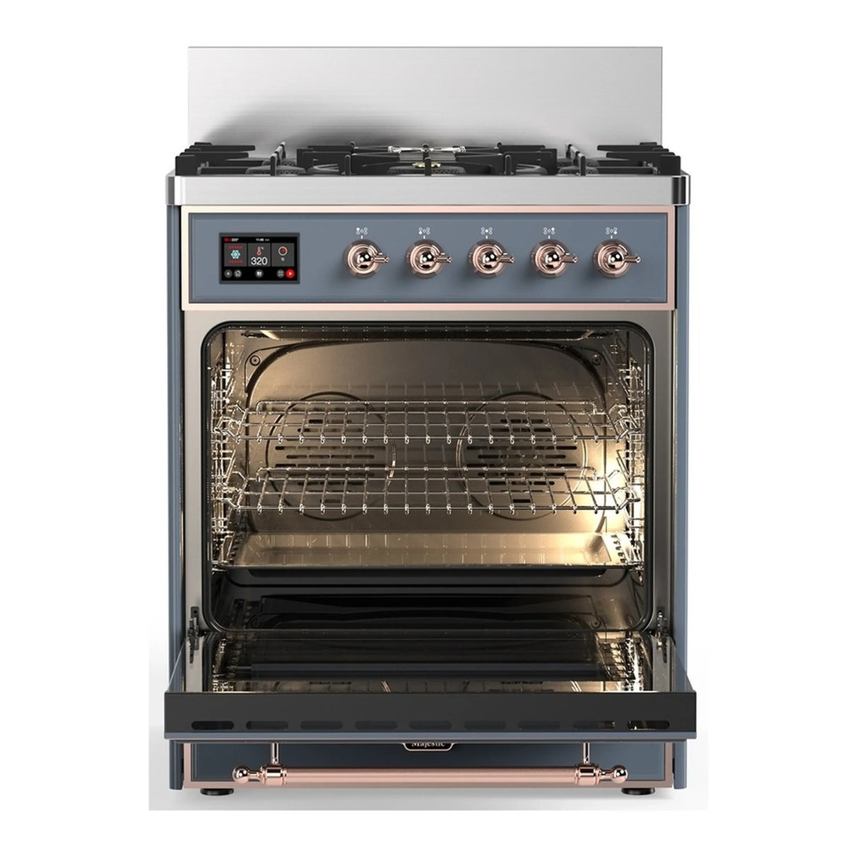 ILVE Majestic III 30-inch Dual Fuel Range with 5 Natural Gas Burner and Solid Door Electric Oven in Blue Grey with Copper Trim (UM30QNR3BGP)