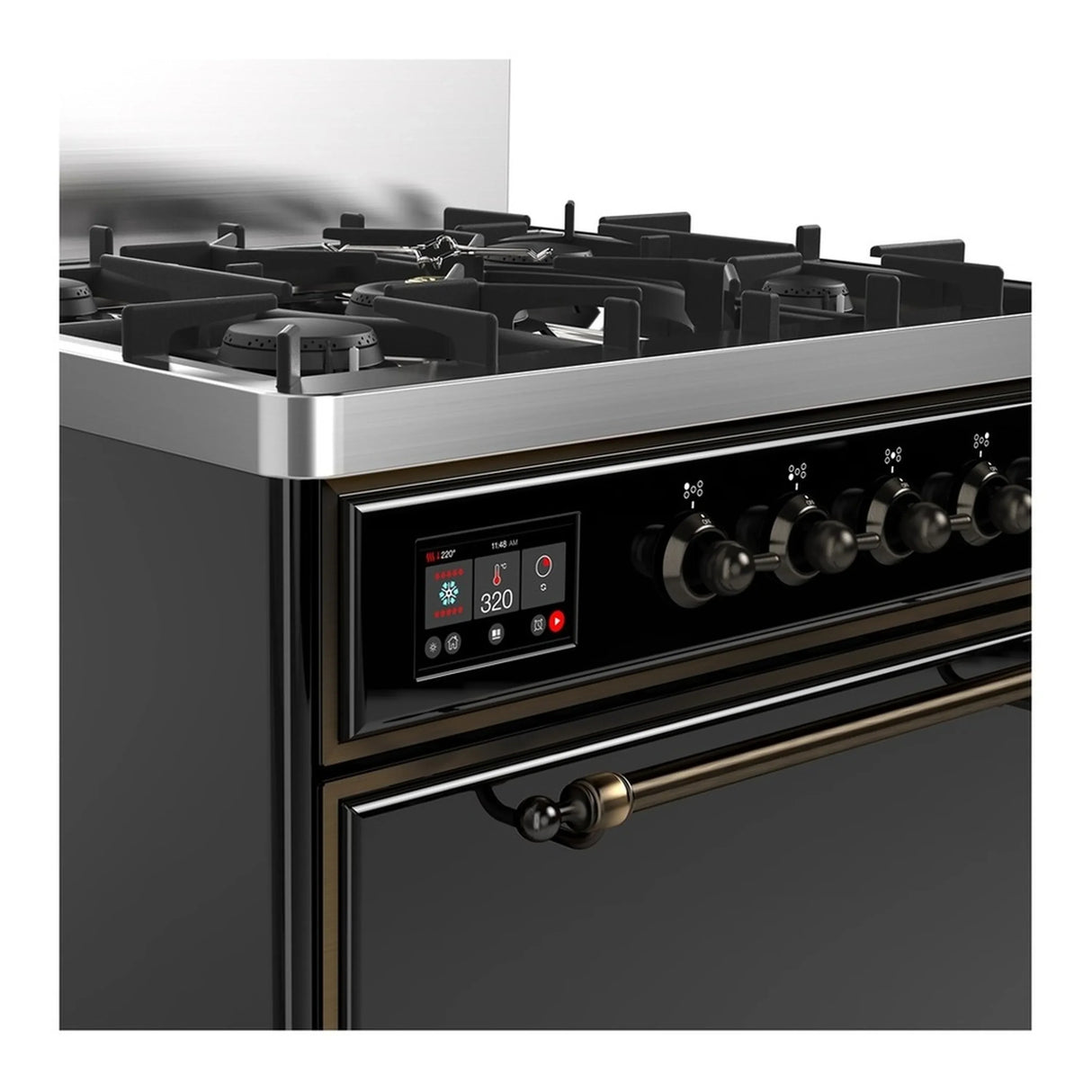 ILVE Majestic III 30-inch Dual Fuel Range with 5 Natural Gas Burner and Solid Door Electric Oven in Glossy Black with Burnished Trim (UM30QNR3BKB)