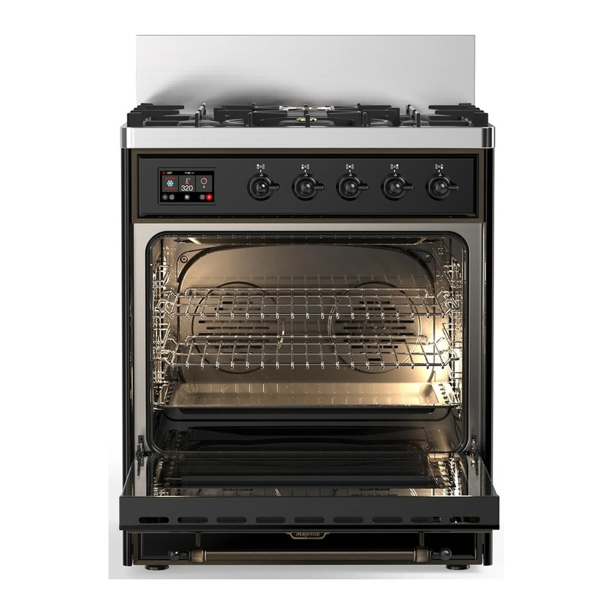 ILVE Majestic III 30-inch Dual Fuel Range with 5 Natural Gas Burner and Solid Door Electric Oven in Glossy Black with Burnished Trim (UM30QNR3BKB)