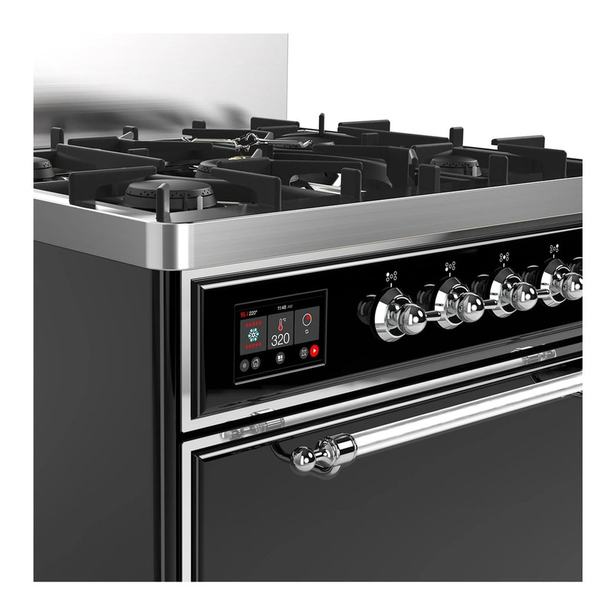 ILVE Majestic III 30-inch Dual Fuel Range with 5 Natural Gas Burner and Solid Door Electric Oven in Glossy Black with Chrome Trim (UM30QNR3BKC)