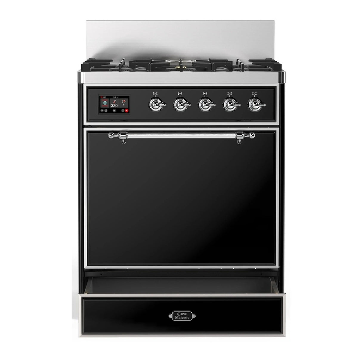 ILVE Majestic III 30-inch Dual Fuel Range with 5 Natural Gas Burner and Solid Door Electric Oven in Glossy Black with Chrome Trim (UM30QNR3BKC)