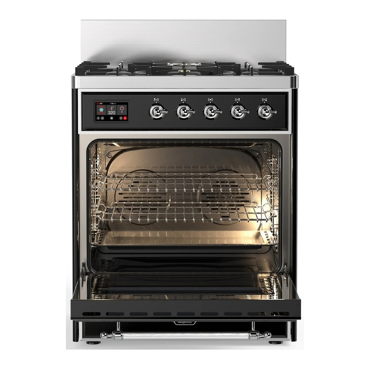ILVE Majestic III 30-inch Dual Fuel Range with 5 Natural Gas Burner and Solid Door Electric Oven in Glossy Black with Chrome Trim (UM30QNR3BKC)
