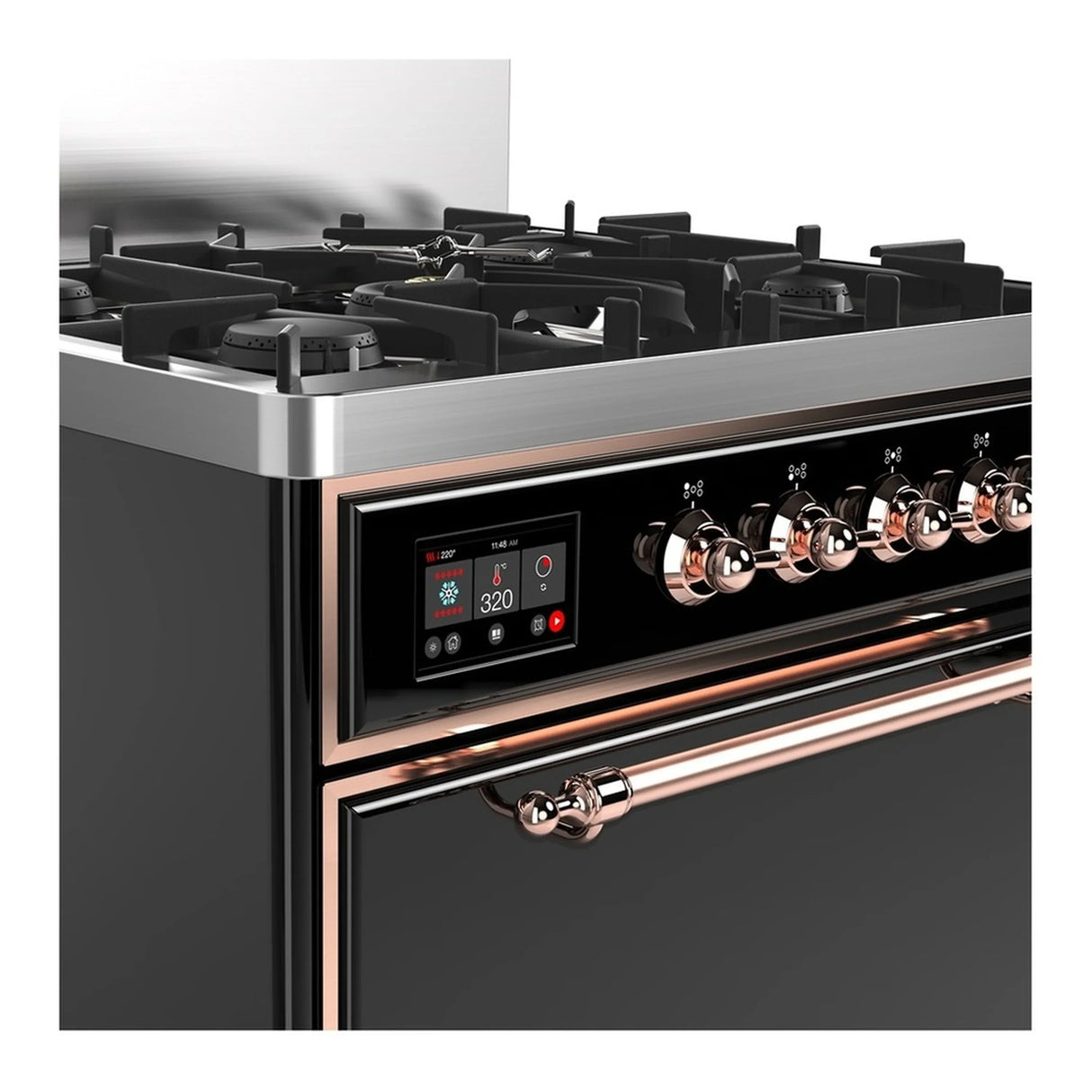 ILVE Majestic III 30-inch Dual Fuel Range with 5 Natural Gas Burner and Solid Door Electric Oven in Glossy Black with Copper Trim (UM30QNR3BKP)