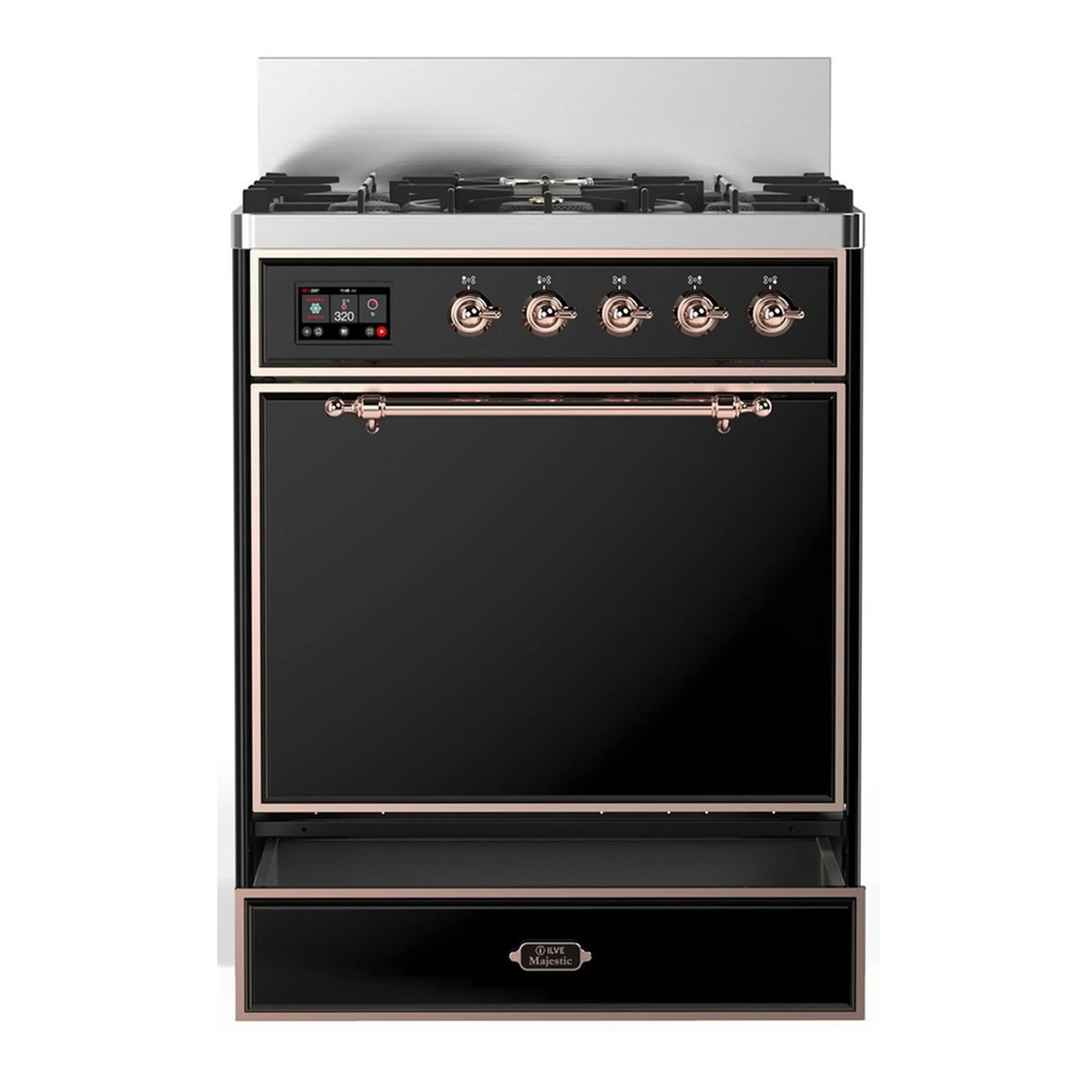 ILVE Majestic III 30-inch Dual Fuel Range with 5 Liquid Propane Burner and Solid Door Electric Oven in Glossy Black with Copper Trim (UM30QNR3BKPLP)