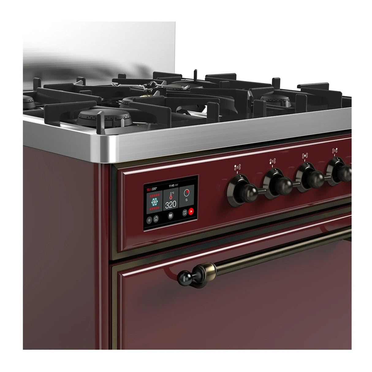 ILVE Majestic III 30-inch Dual Fuel Range with 5 Natural Gas Burner and Solid Door Electric Oven in Burgundy with Burnished Trim (UM30QNR3BUB)
