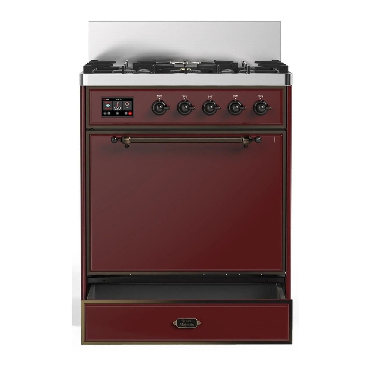 ILVE Majestic III 30-inch Dual Fuel Range with 5 Natural Gas Burner and Solid Door Electric Oven in Burgundy with Burnished Trim (UM30QNR3BUB)