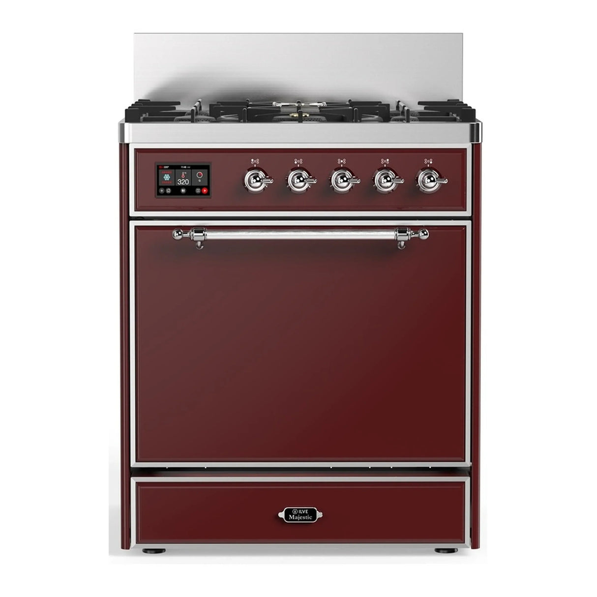 ILVE Majestic III 30-inch Dual Fuel Range with 5 Natural Gas Burner and Solid Door Electric Oven in Burgundy with Chrome Trim (UM30QNR3BUC)
