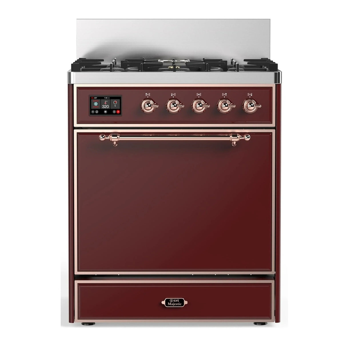 ILVE Majestic III 30-inch Dual Fuel Range with 5 Liquid Propane Burner and Solid Door Electric Oven in Burgundy with Copper Trim (UM30QNR3BUPLP)