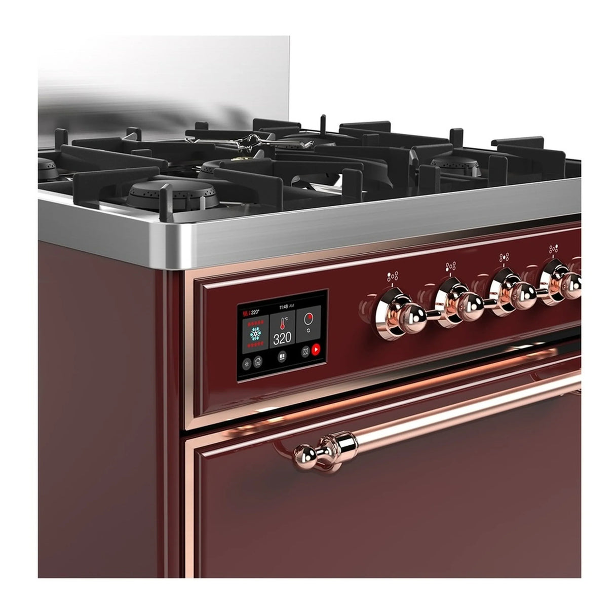 ILVE Majestic III 30-inch Dual Fuel Range with 5 Liquid Propane Burner and Solid Door Electric Oven in Burgundy with Copper Trim (UM30QNR3BUPLP)