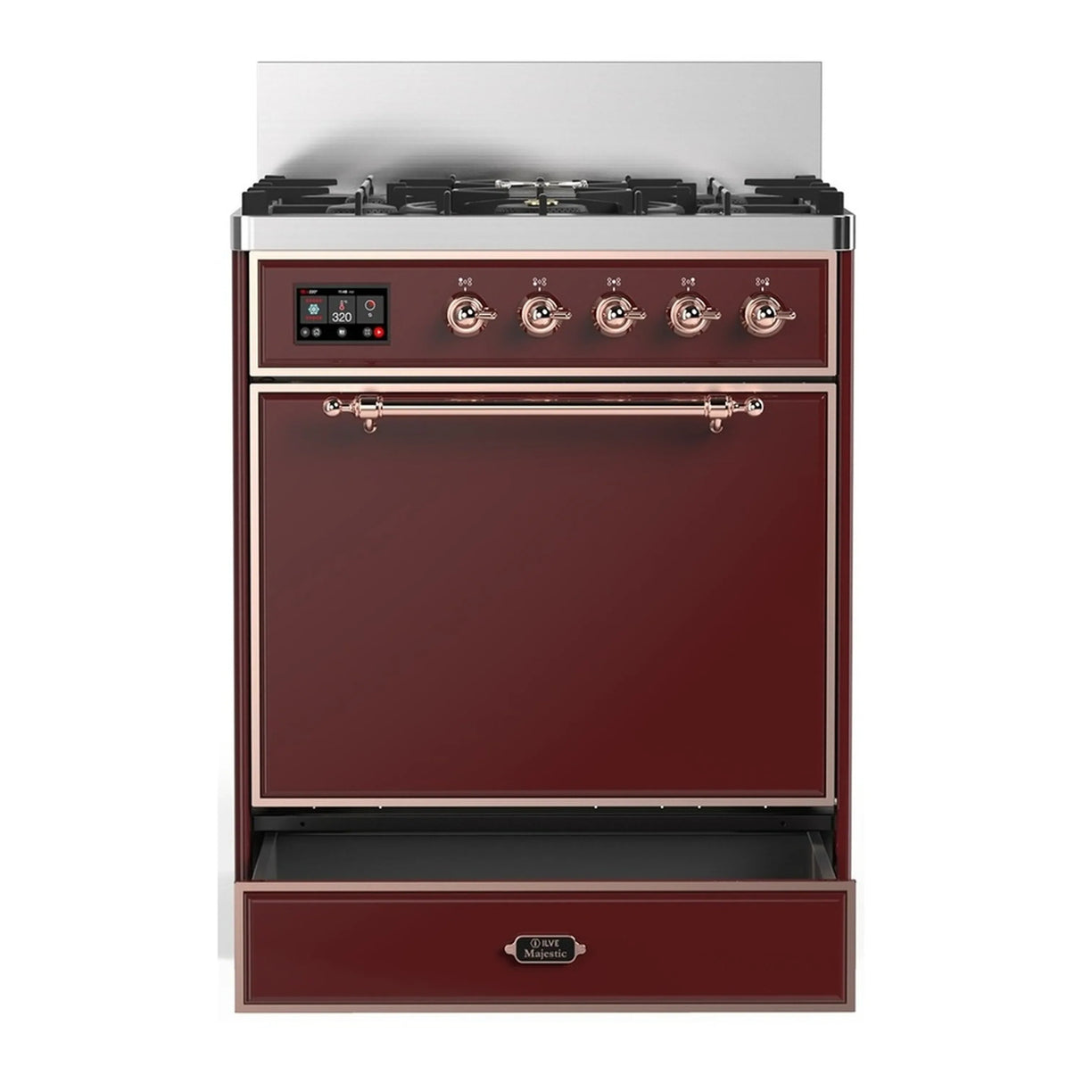 ILVE Majestic III 30-inch Dual Fuel Range with 5 Liquid Propane Burner and Solid Door Electric Oven in Burgundy with Copper Trim (UM30QNR3BUPLP)