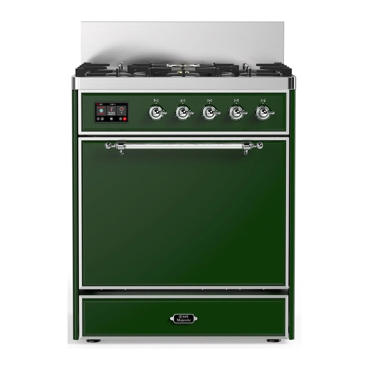 ILVE Majestic III 30-inch Dual Fuel Range with 5 Natural Gas Burner and Solid Door Electric Oven in Emerald Green with Chrome Trim (UM30QNR3EGC)