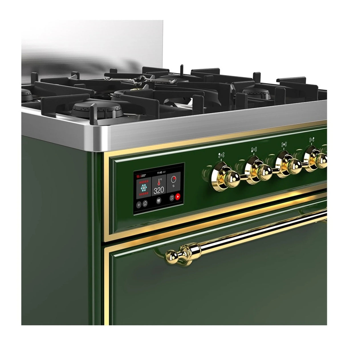 ILVE Majestic III 30-inch Dual Fuel Range with 5 Natural Gas Burner and Solid Door Electric Oven in Emerald Green with Brass Trim (UM30QNR3EGG)