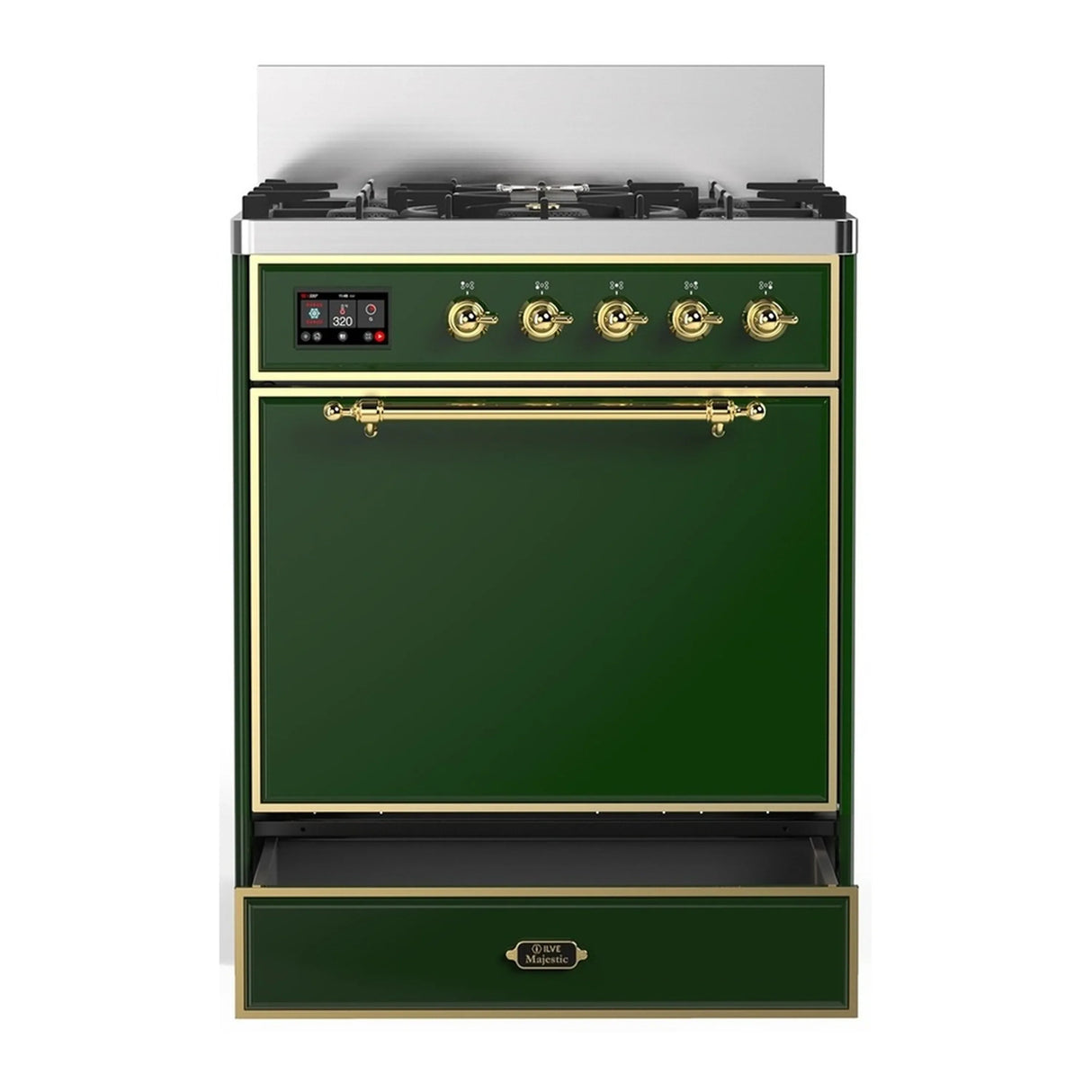 ILVE Majestic III 30-inch Dual Fuel Range with 5 Natural Gas Burner and Solid Door Electric Oven in Emerald Green with Brass Trim (UM30QNR3EGG)