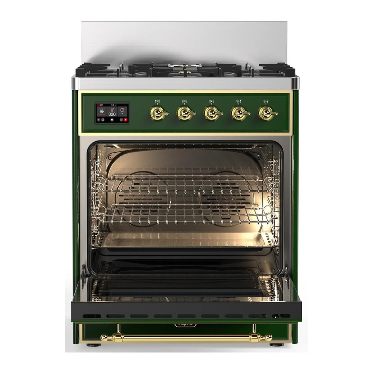 ILVE Majestic III 30-inch Dual Fuel Range with 5 Natural Gas Burner and Solid Door Electric Oven in Emerald Green with Brass Trim (UM30QNR3EGG)