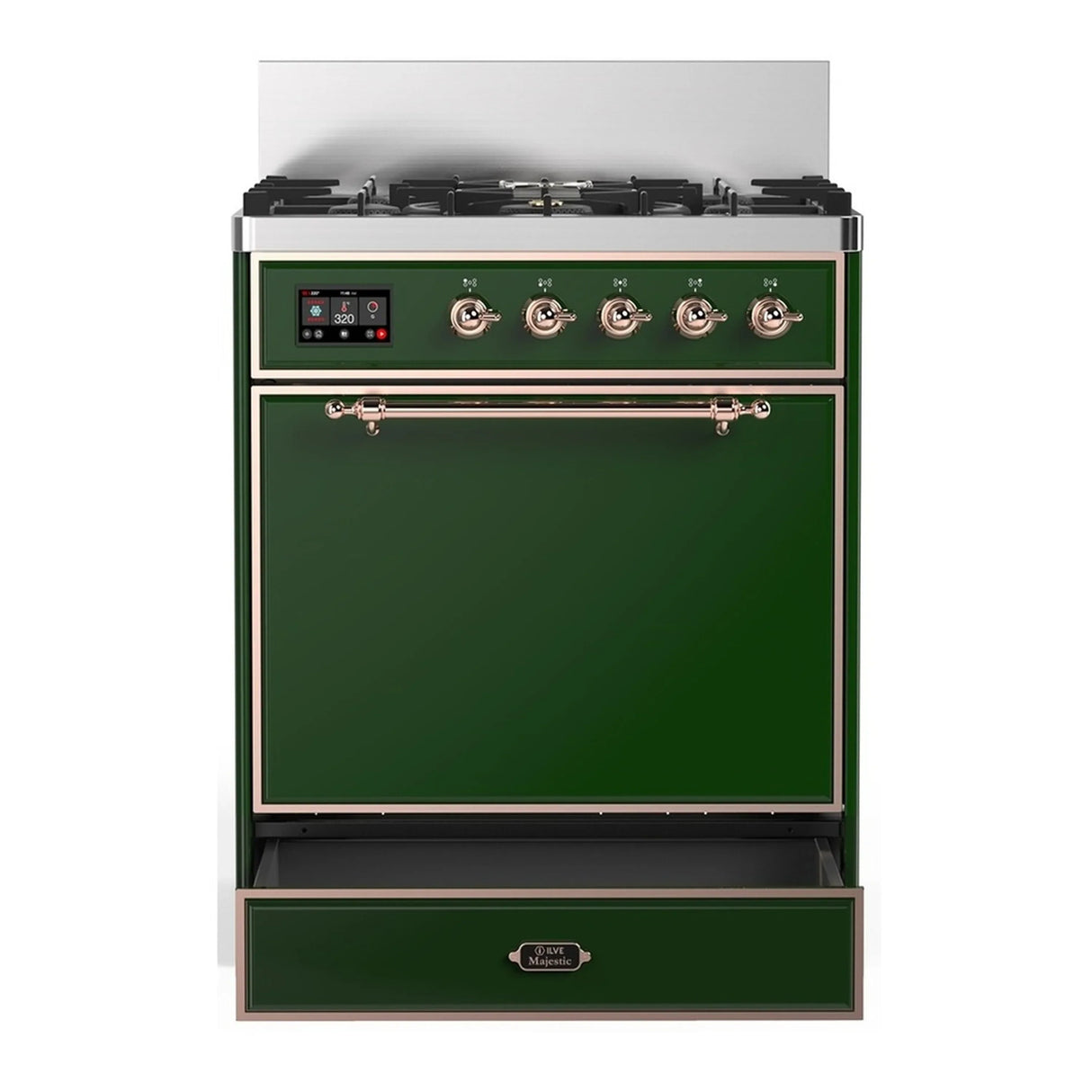ILVE Majestic III 30-inch Dual Fuel Range with 5 Natural Gas Burner and Solid Door Electric Oven in Emerald Green with Copper Trim (UM30QNR3EGP)