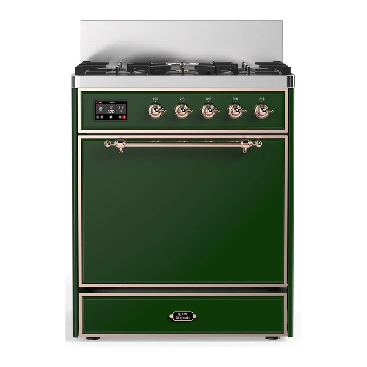 ILVE Majestic III 30-inch Dual Fuel Range with 5 Natural Gas Burner and Solid Door Electric Oven in Emerald Green with Copper Trim (UM30QNR3EGP)