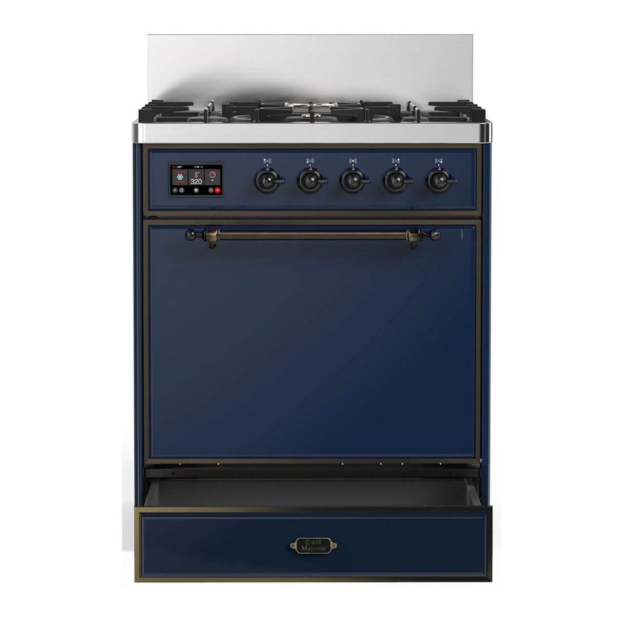 ILVE Majestic III 30-inch Dual Fuel Range with 5 Liquid Propane Burner and Solid Door Electric Oven in Midnight Blue with Burnished Trim (UM30QNR3MBBLP)