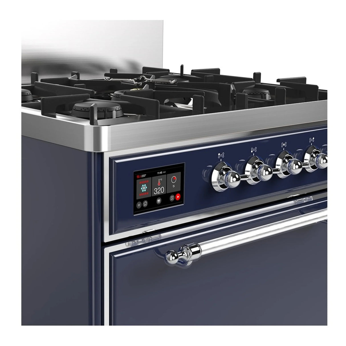 ILVE Majestic III 30-inch Dual Fuel Range with 5 Natural Gas Burner and Solid Door Electric Oven in Midnight Blue with Chrome Trim (UM30QNR3MBC)