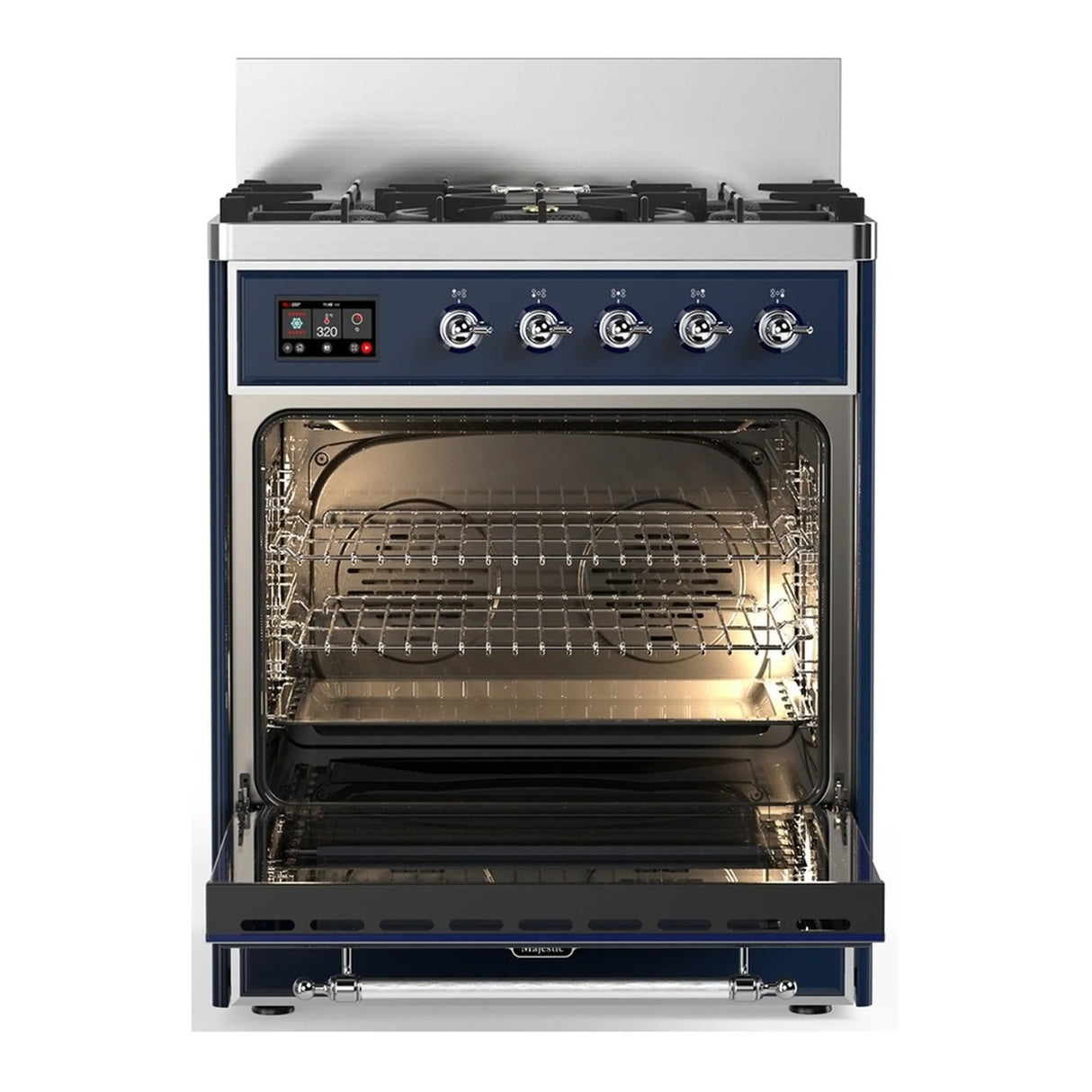 ILVE Majestic III 30-inch Dual Fuel Range with 5 Natural Gas Burner and Solid Door Electric Oven in Midnight Blue with Chrome Trim (UM30QNR3MBC)