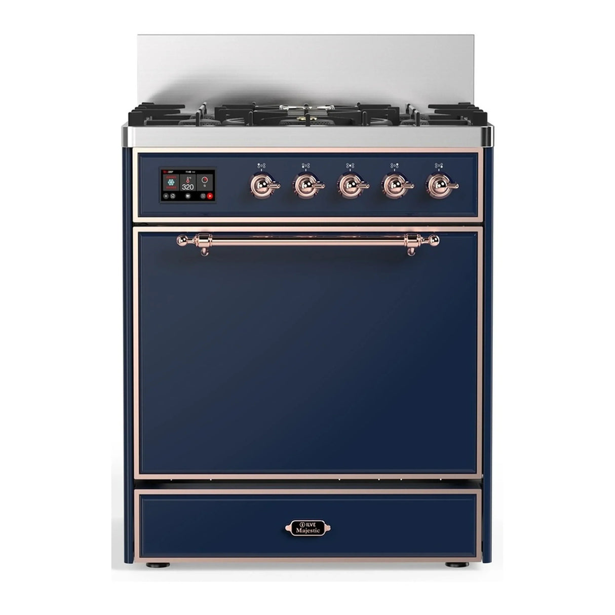 ILVE Majestic III 30-inch Dual Fuel Range with 5 Liquid Propane Burner and Solid Door Electric Oven in Midnight Blue with Copper Trim (UM30QNR3MBPLP)